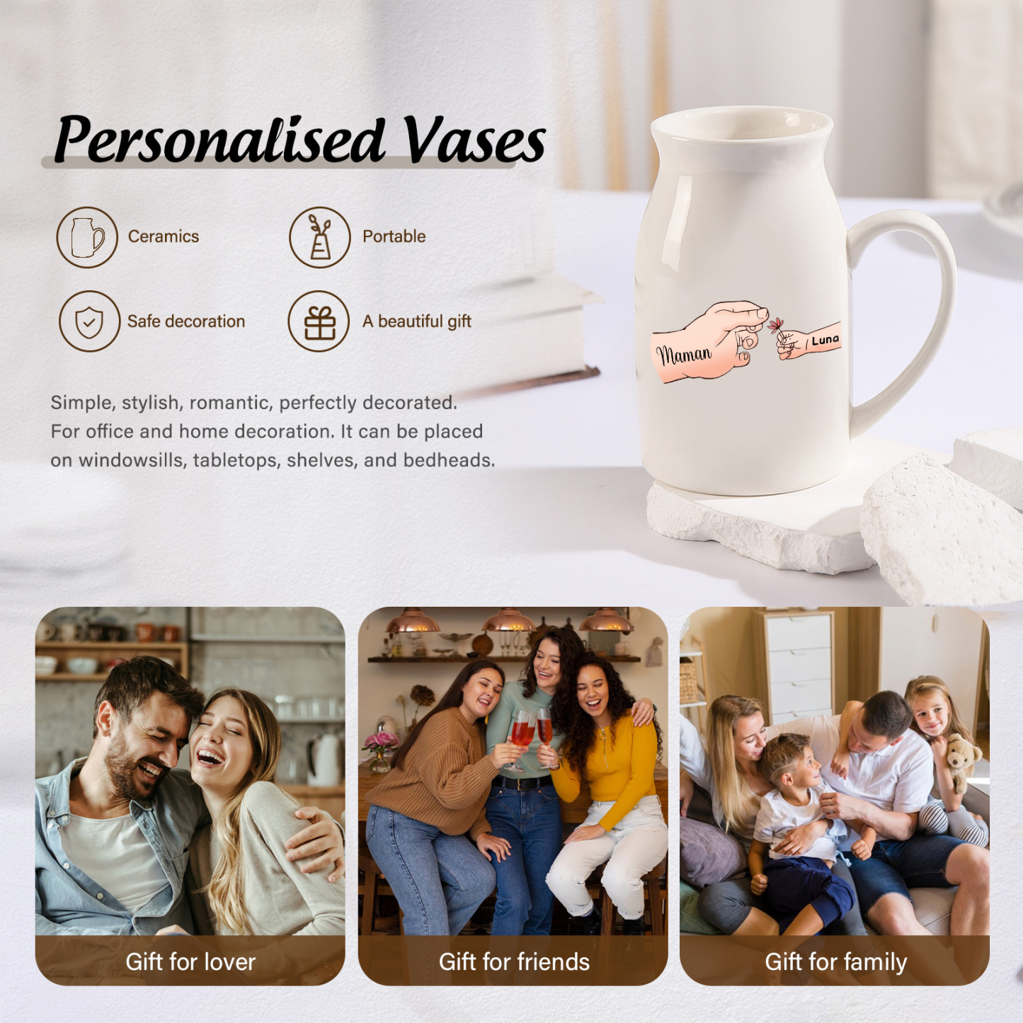 Vase à Fleurs Mains et Enfants 2 Prénoms Personnalisés Décoration de la Maison