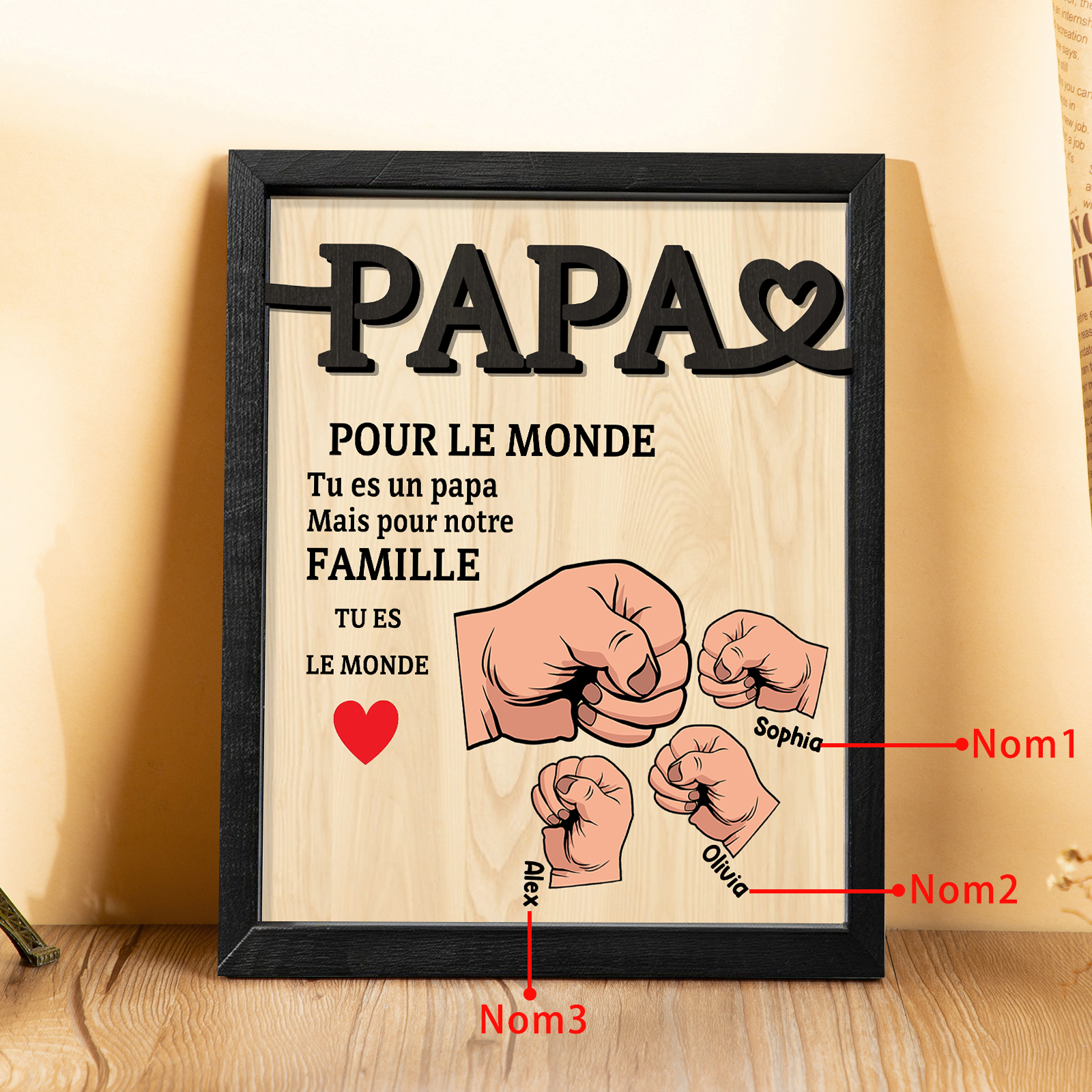 À Mon Papa-Cadre en Bois Poings 3 Prénoms Personnalisés