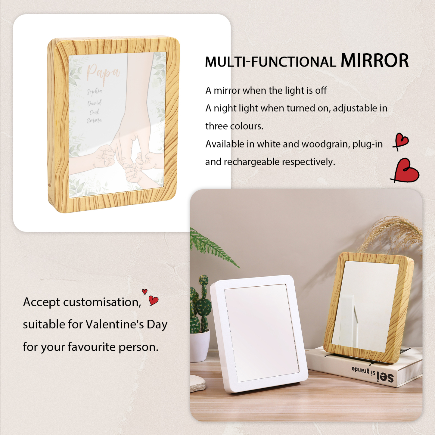 Lampe LED/Cadre Photo/Miroir multifonctionnel la main dans la main 4 Prénoms et 1 Tetxe Personnalisés Cadeau Créatif pour Famille