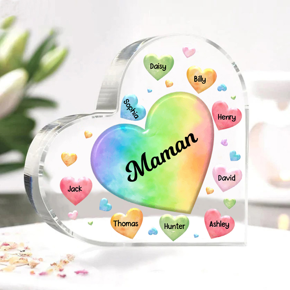 À ma Maman/Mamie - Plaque Acrylique en Forme de Cœur 9 Prénoms Personnalisés avec 1 Texte