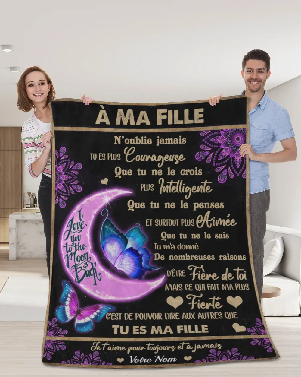 À Ma Fille - Plaid Personnalisé avec 1 Prénom Couverture Lune et Papillon en Flanelle | Jessemade