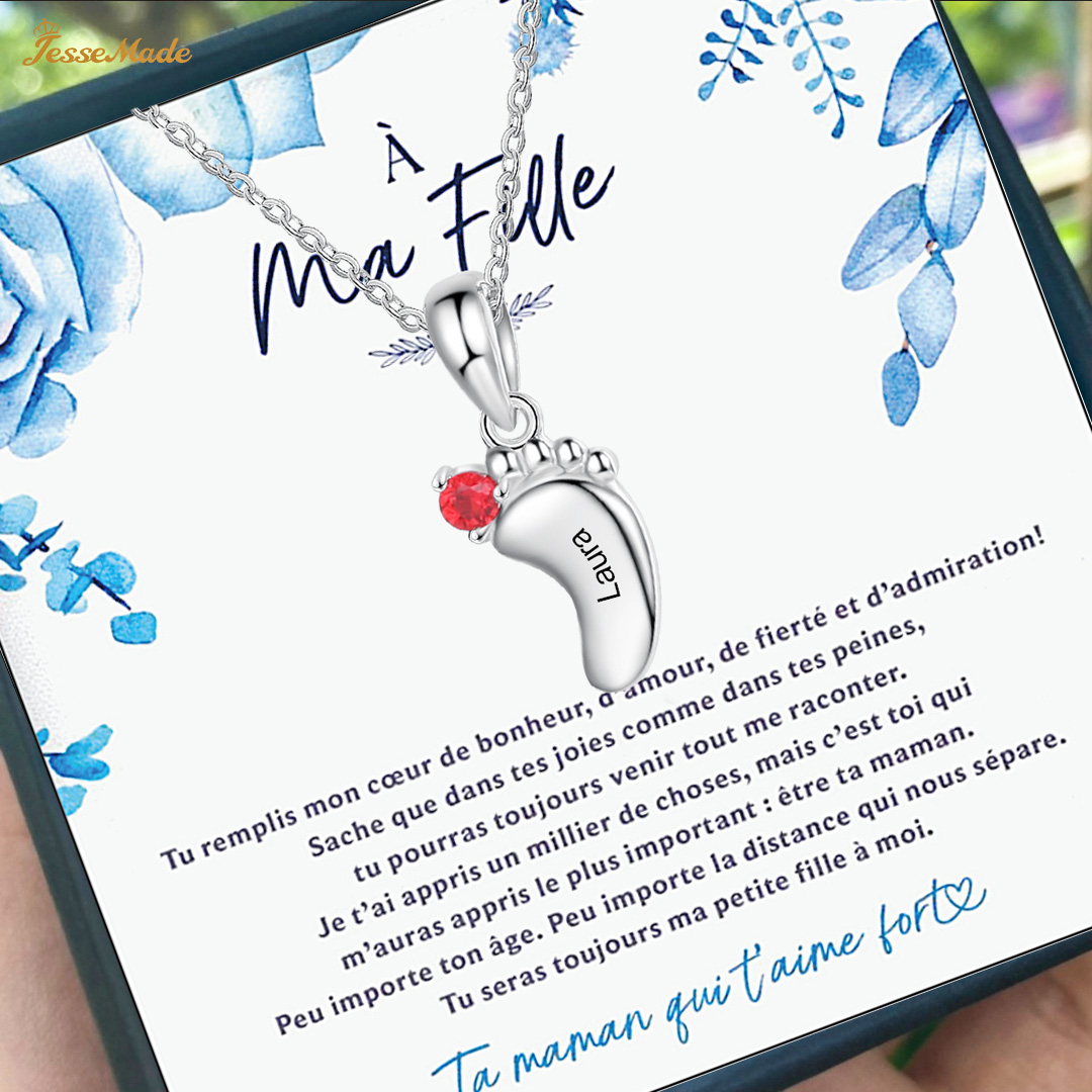 A ma fille - Collier Prénom Personnalisé pied bebe avec pierre de naissance