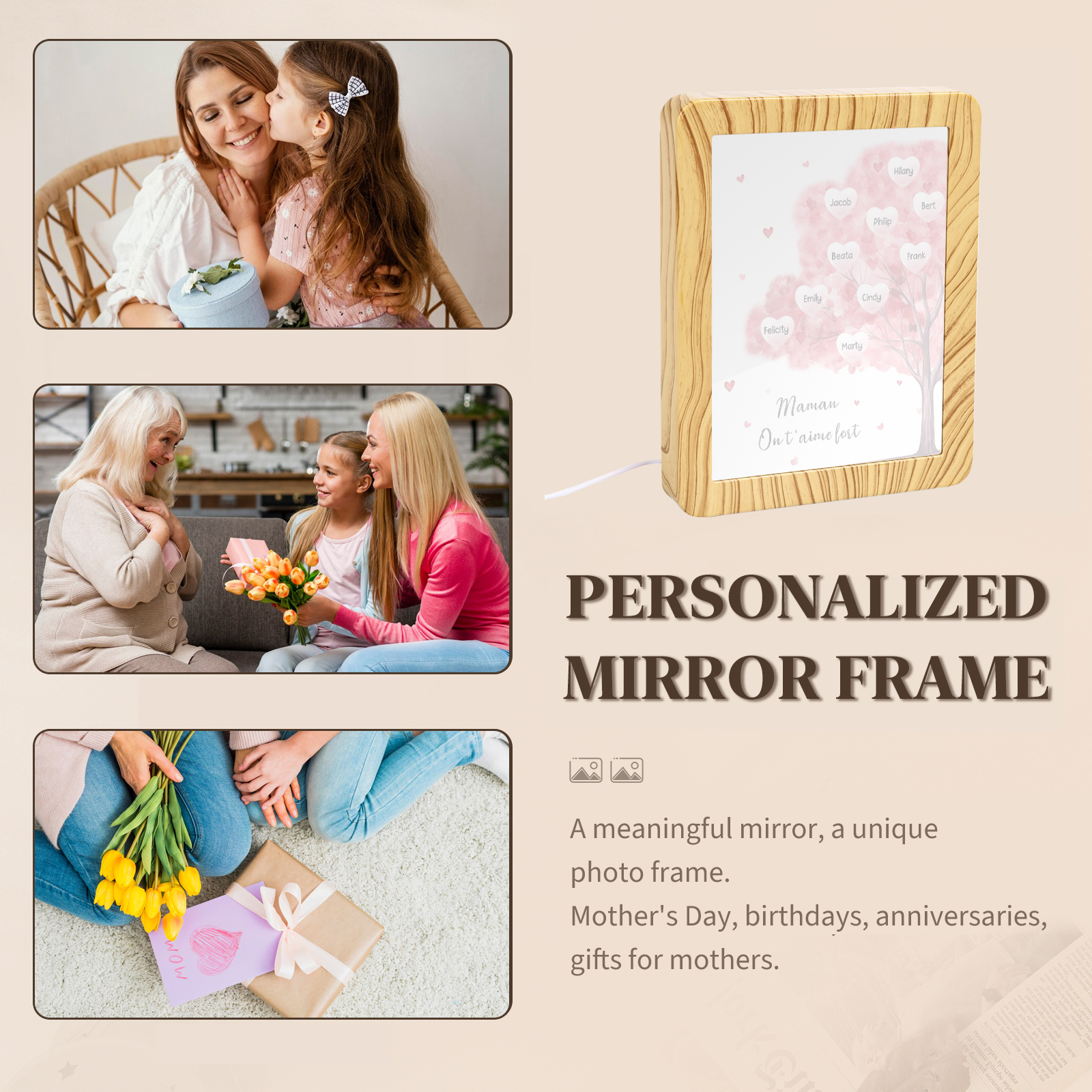Cadre Photo/Miroir LED Multifonctionnel Arbre 10 Prénoms Personnalisés avec Texte pour Famille