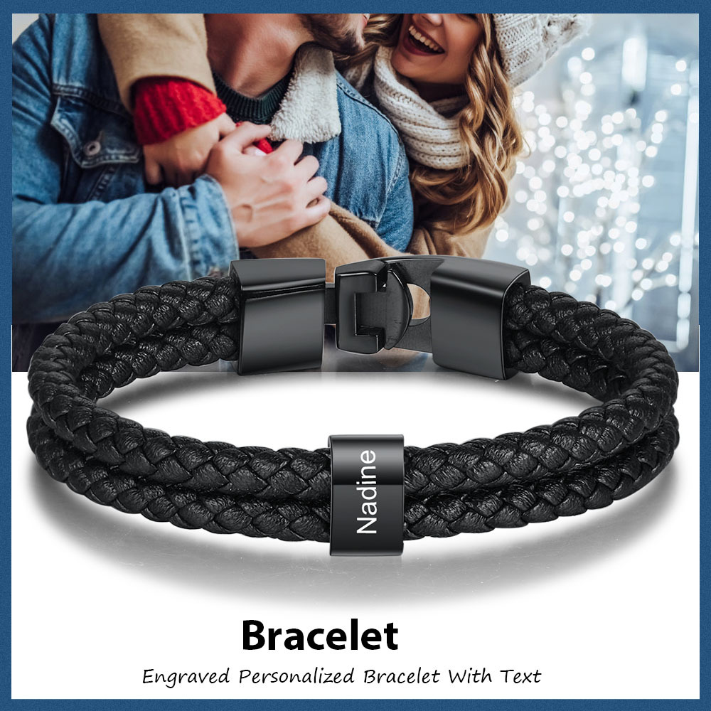 Bracelet Cuir tressé 1 Perles Prénom Personnalisé Bracelet Homme