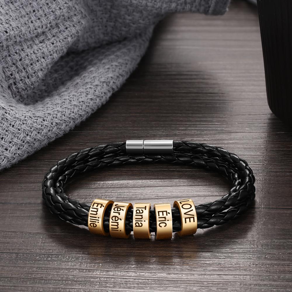 Bracelet Cuir tressé Bracelet Prénom Personnalisé  Avec 5 Perles pour Homme｜Jessemade