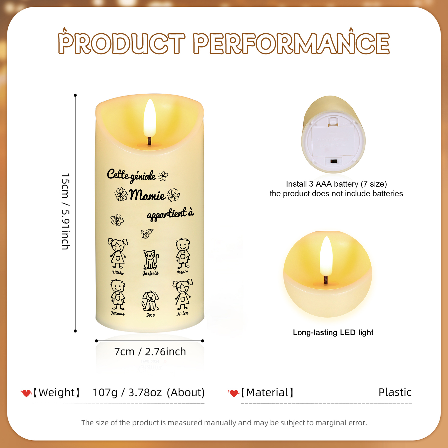 À Mamie - Bougie Électronique 6 Prénoms Personnalisés avec 6 Dessins Bougie LED Avec Coffret pour Mamie | Jessemade