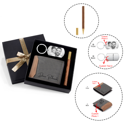 Coffret Cadeau 3PCS - Portefeuille classique Porte-Clés et Stylo 2 Textes et 2 Photos Personnalisés Coffret Cadeau pour Homme