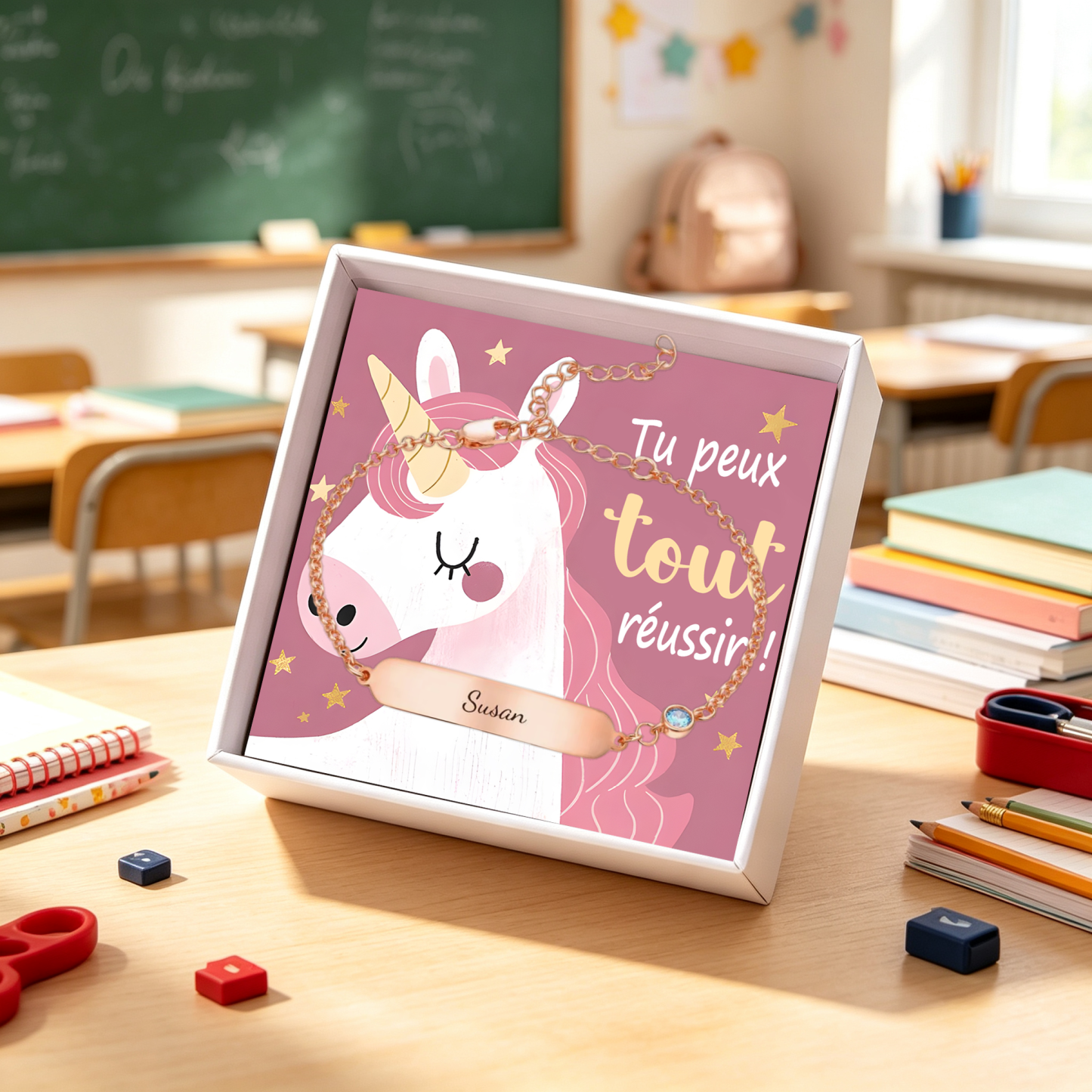 Bracelet Enfant Personnalisé Prénom Gravé, avec Carte messesage « Tu peux tout réussir ! »