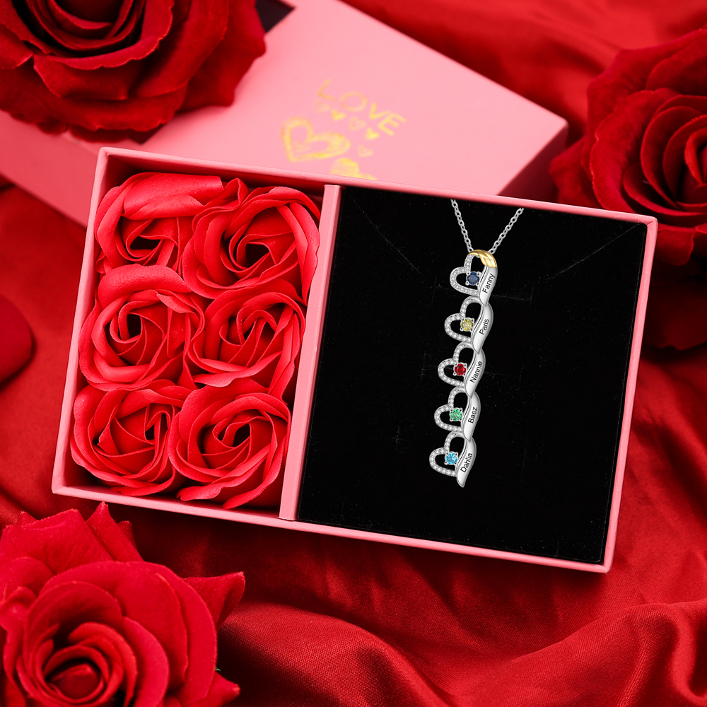Collier cœur et aile 5 Prénoms Personnalisés avec pierre de naissance