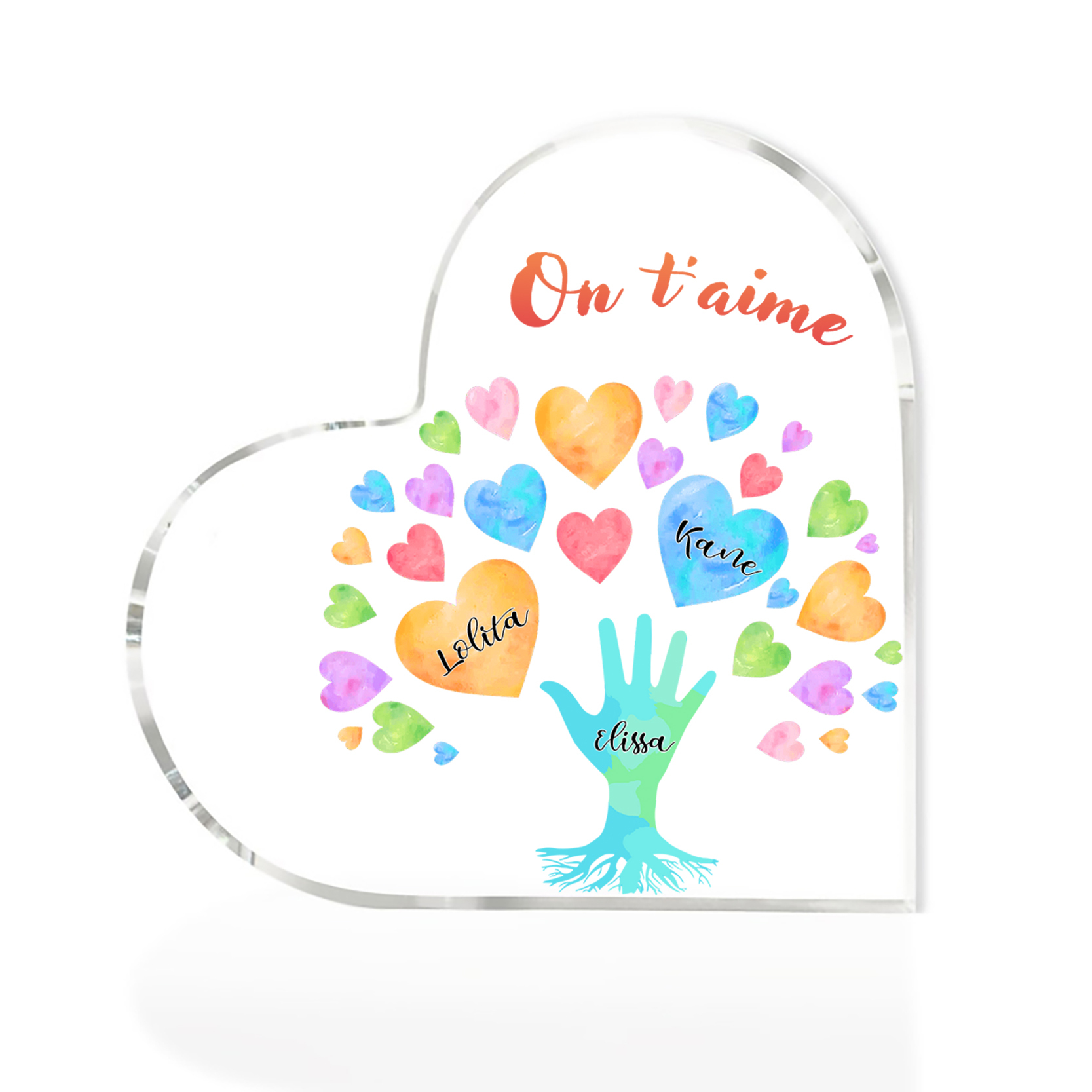 Plaque Acrylique en Forme de Cœur 3 Prénoms Personnalisés avec Texte pour Famille