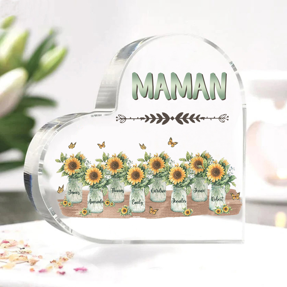 À ma Maman/Mamie - Plaque Acrylique en Forme de Cœur Fleurs 8 Prénoms Personnalisés avec 1 Texte