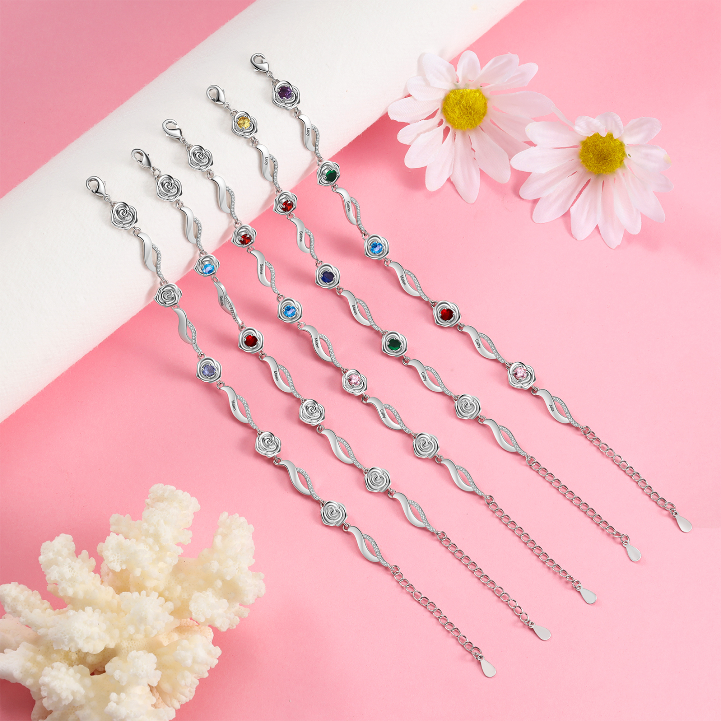 Bracelet Roses 4 Prénom Personnalisé avec 4 Pierre de Naissance