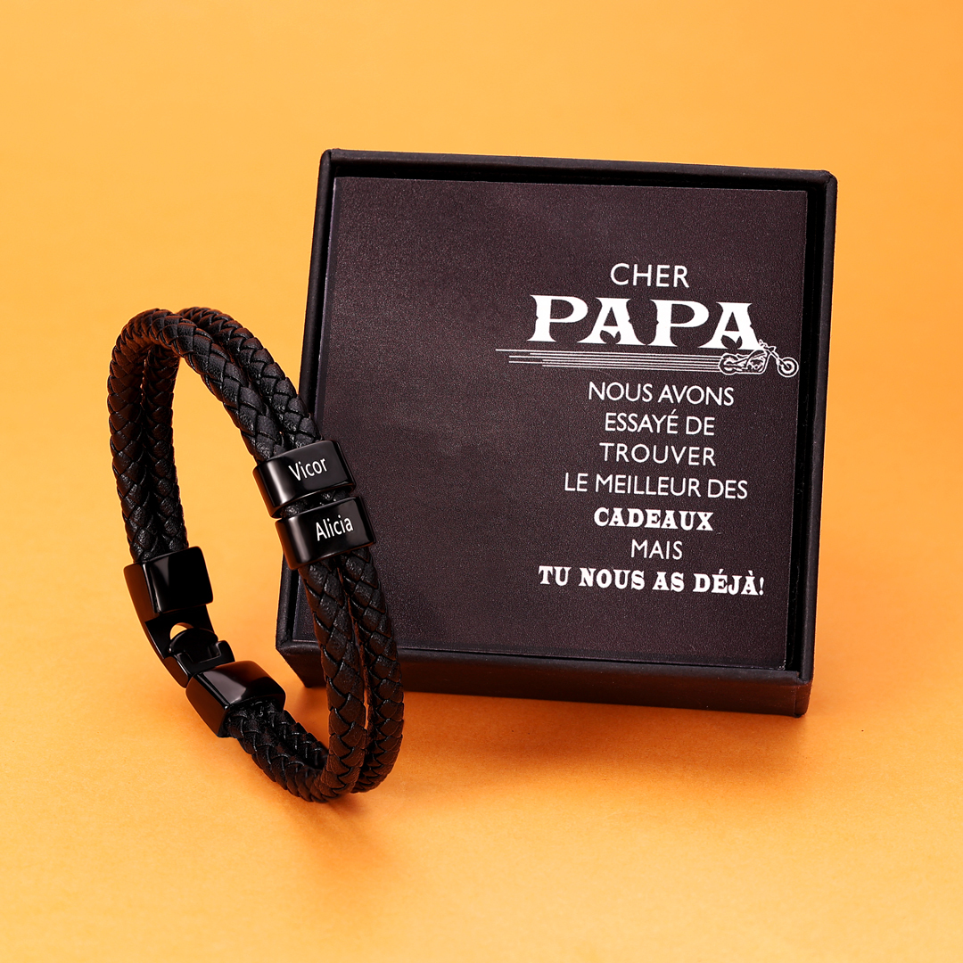 À mon Papa - Bracelet Personnalisé Homme Bracelet Cuir tressé 2 Perles et Prénoms Personnalisé|Jessemade