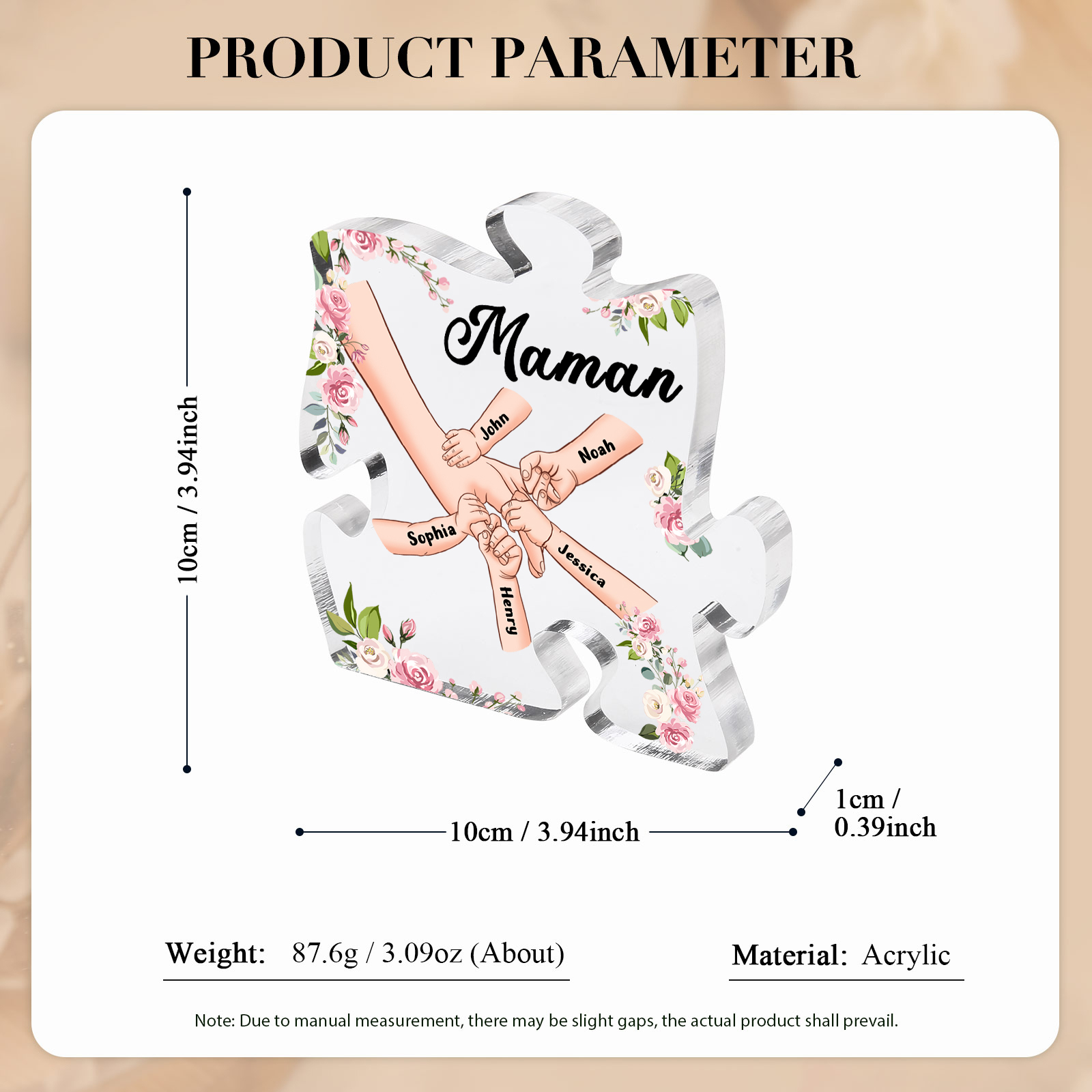 Plaque Acrylique en forme de Puzzle la main dans la main 5 Prénoms et 1 Texte Personnalisés