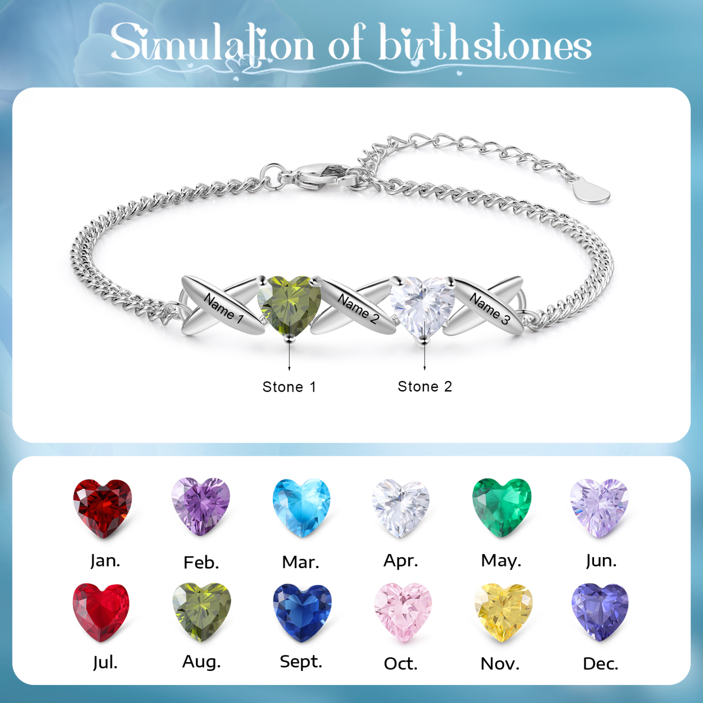 Bracelet Femmes 3 Prénoms Personnalisés avec 2 Pierres de Naissance