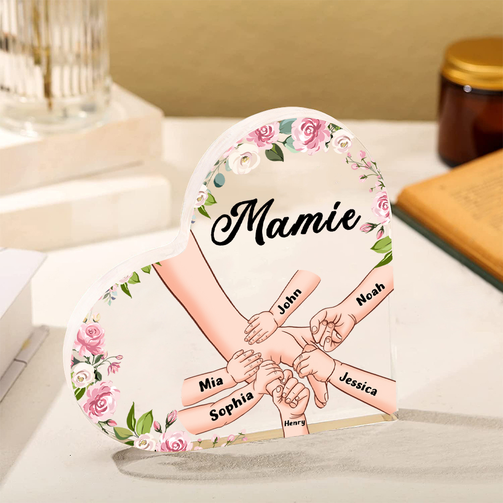 Plaque Acrylique en Forme de Cœur La Main Dans La Main 6 Prénoms Personnalisés avec Texte