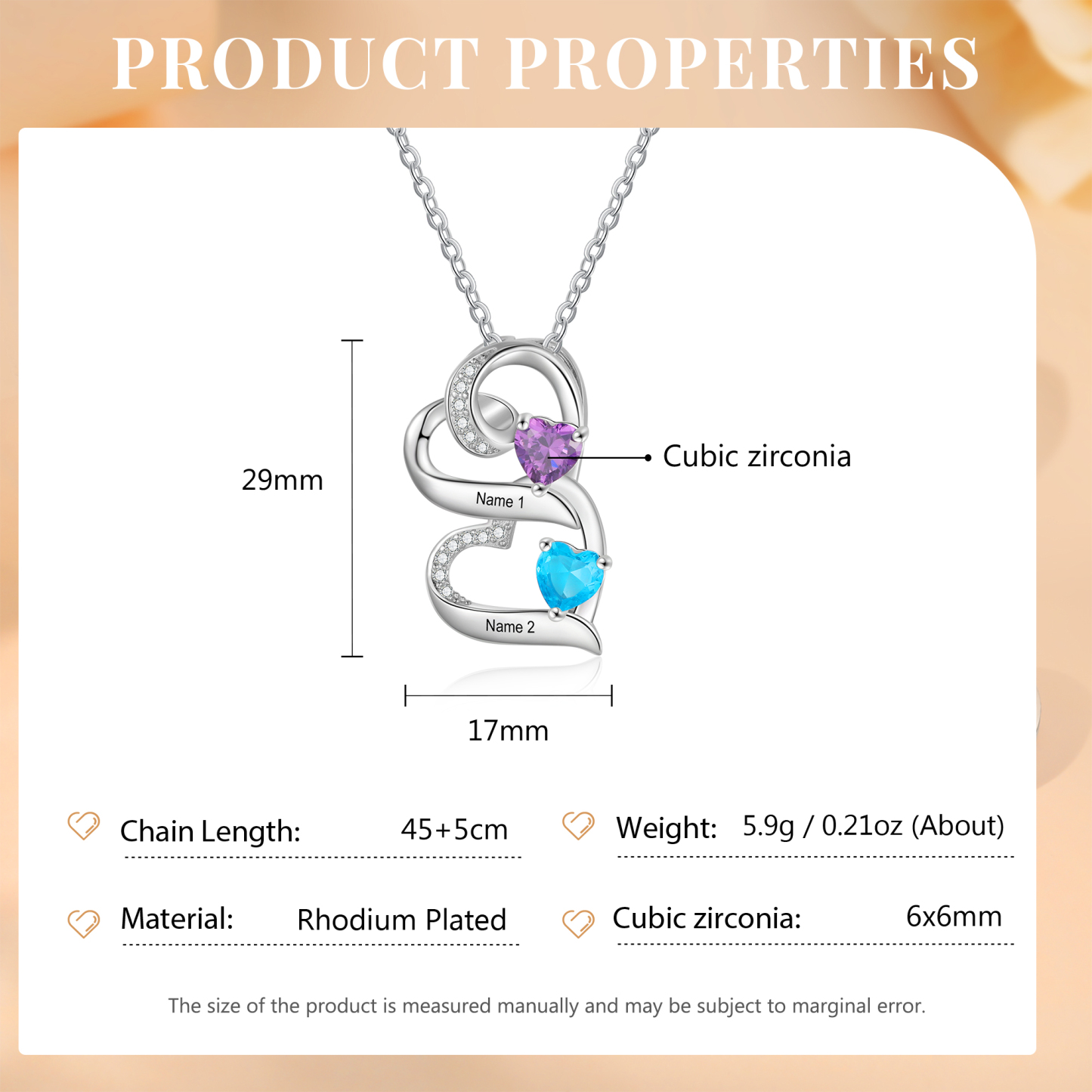 Collier Pendentif Cœur 2 Prénoms Personnalisés avec Pierre de naissance pour Femmes