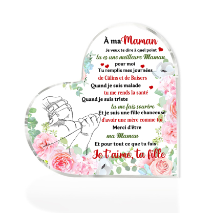 À ma Maman - Plaque Acrylique en Forme de Cœur La Main dans la Main Cadeau de Fille à Maman