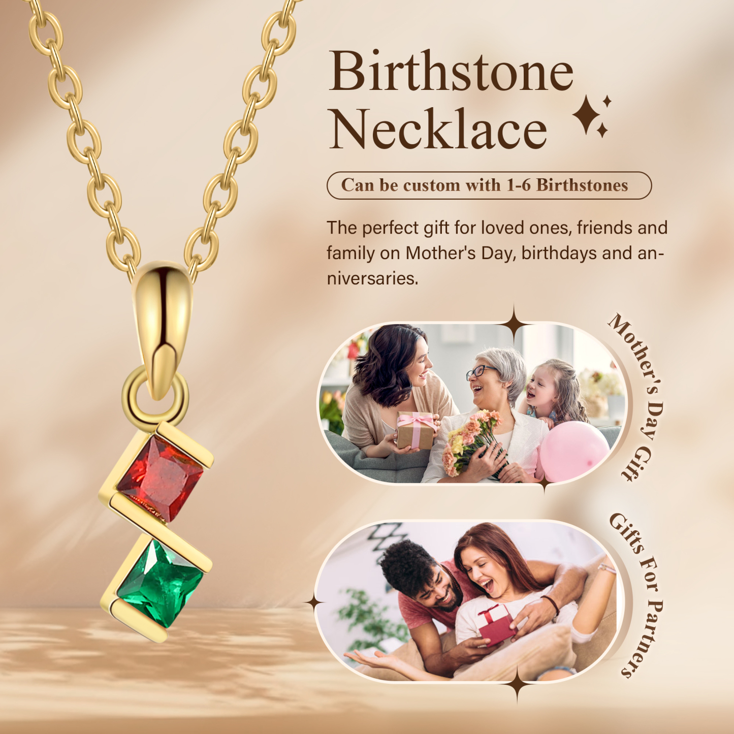 Collier Femmes 2 Pierres de Naissance Personnalisés
