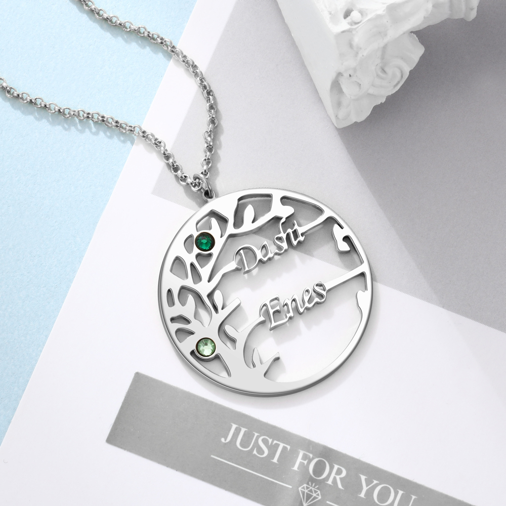 Collier Argent Arbre de vie Arbre généalogique 2 prenoms Avec Pierre De Naissance