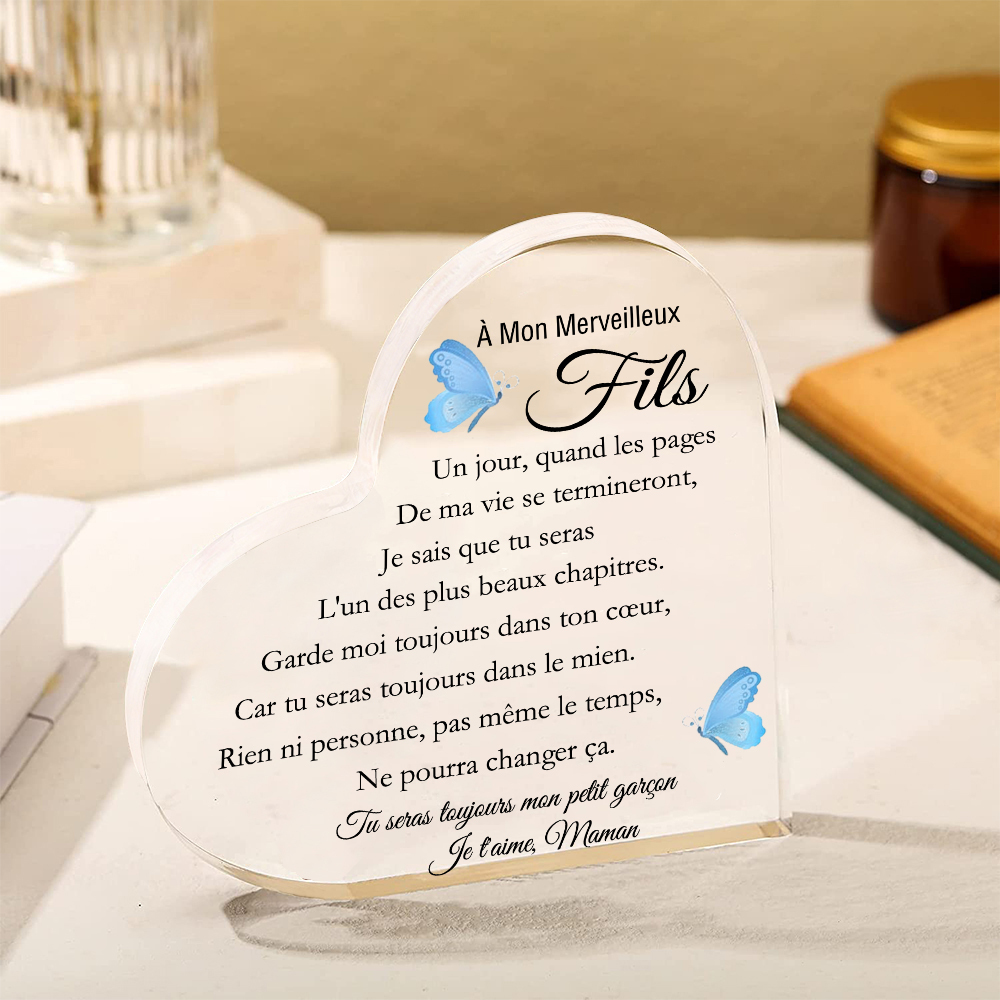 À mon Fils - Plaque Acrylique en Forme de Cœur 1 Texte Personnalisé