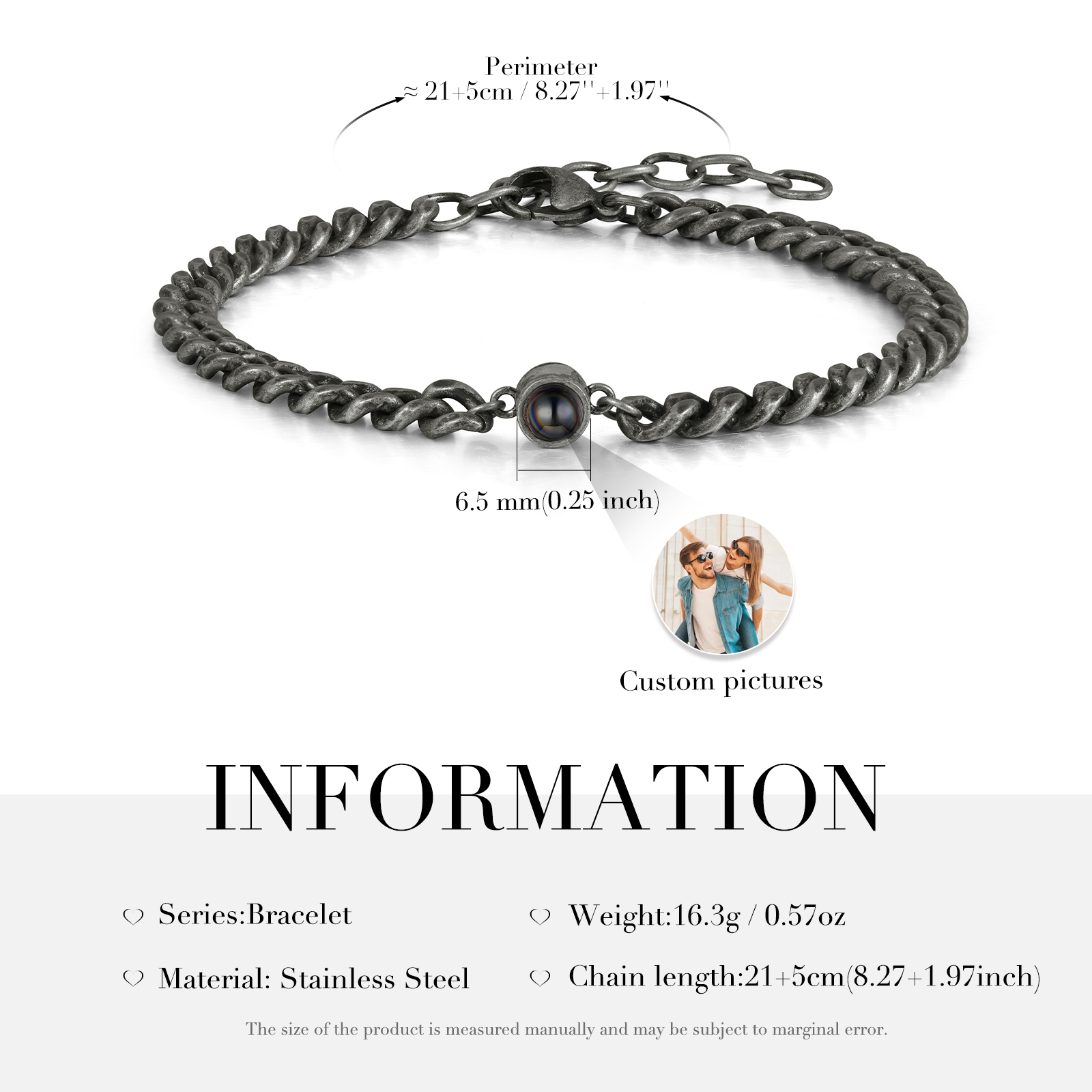 Bracelet en Acier Inoxydable Personnalisé Bracelet Photo Projection Noir｜Jessemade