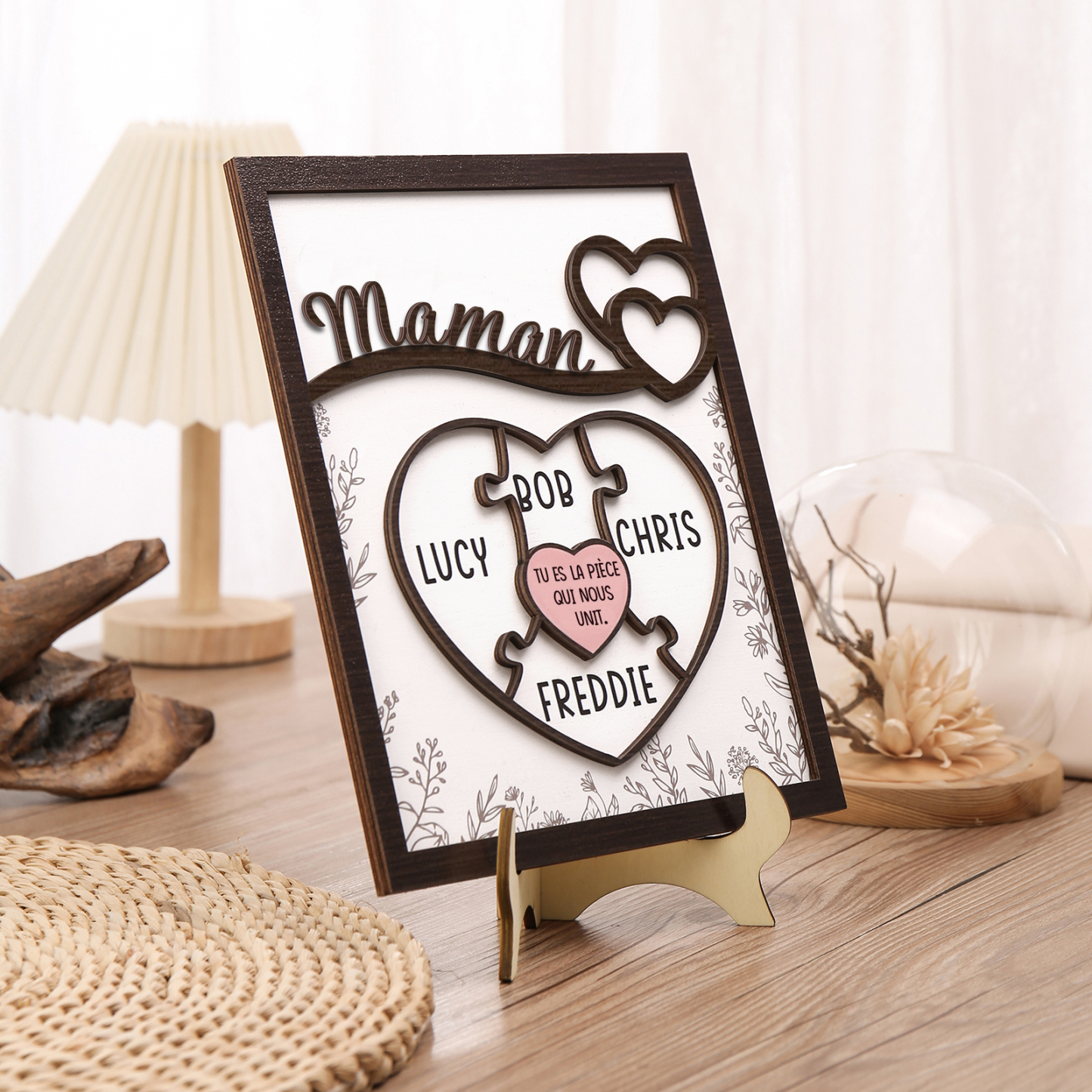 À ma Maman - Décoration en bois Cœur et Puzzle 4 Prénoms Personnalisés Ornement pour Famille