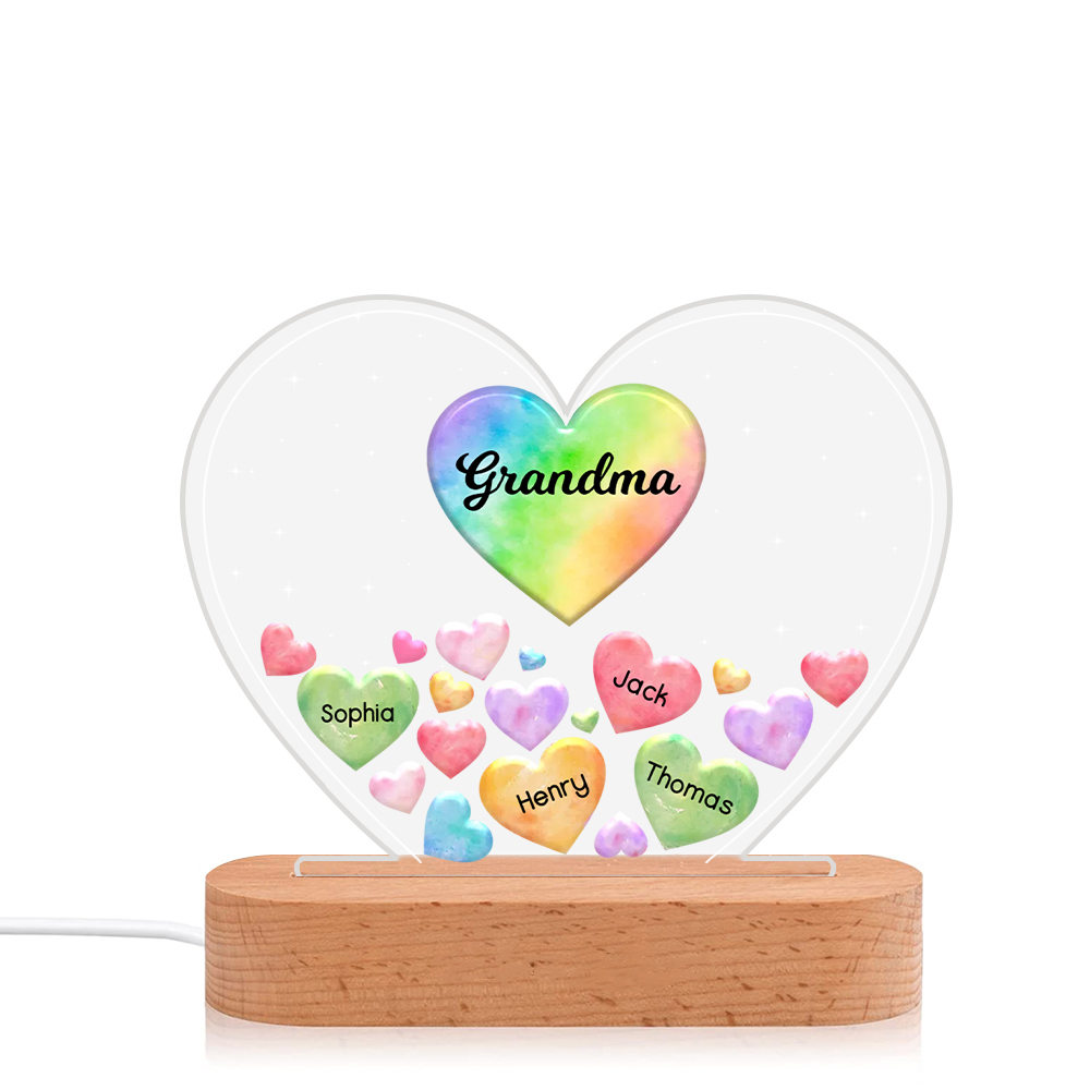 À Maman/Mamie - Lampe de chevet LED Cœurs 4 Prénoms Personnalisés avec 1 Texte
