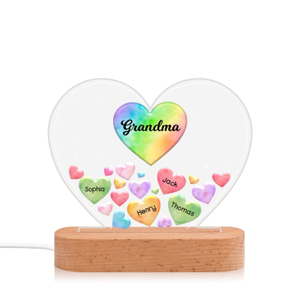 À Maman/Mamie - Lampe de chevet LED Cœurs 4 Prénoms Personnalisés avec 1 Texte