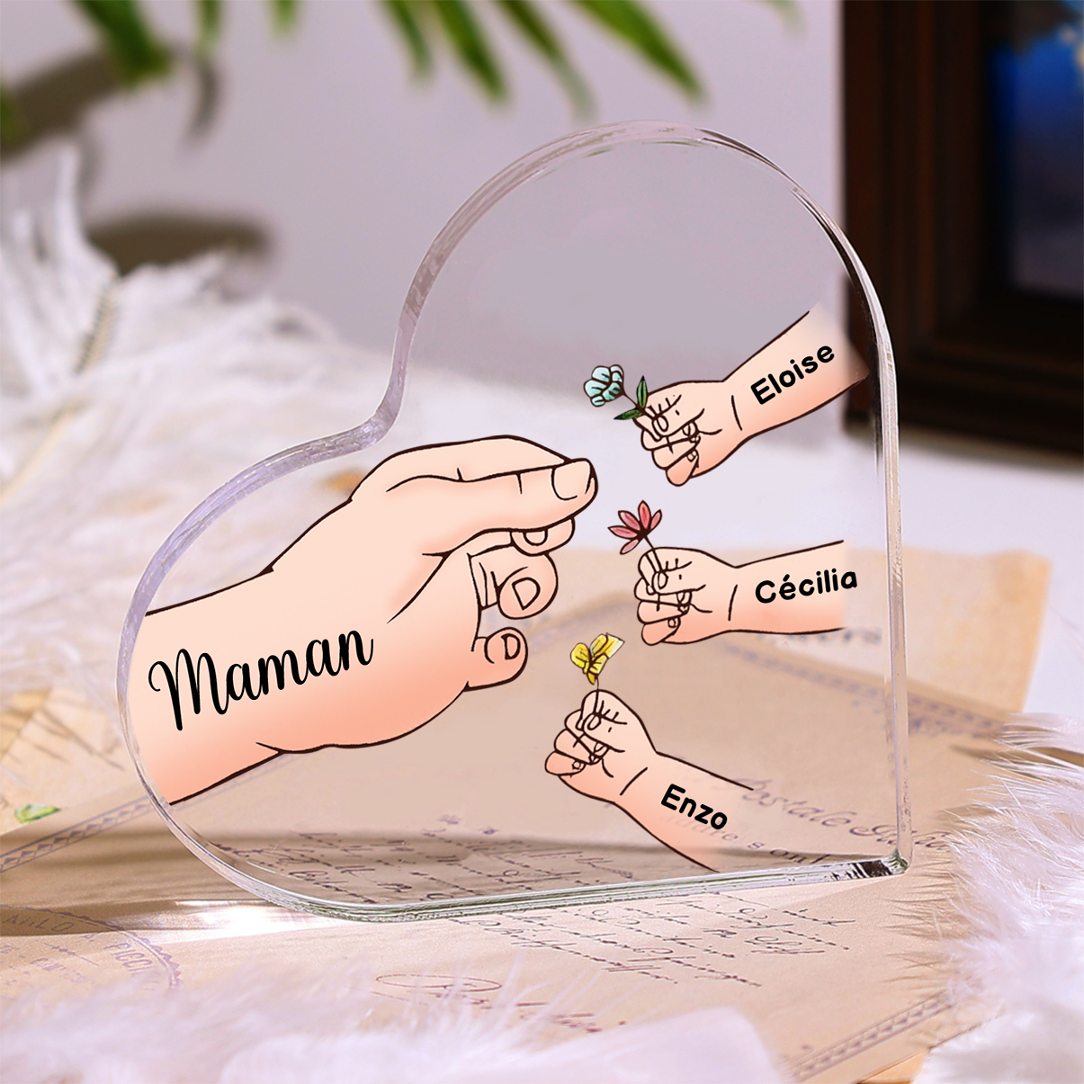 À ma Maman/Mamie - Plaque Acrylique en forme de Cœur Mains et Enfants 1-8 Prénoms Personnalisés