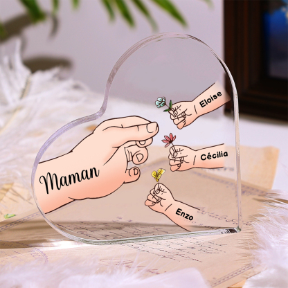 À ma Maman/Mamie - Plaque Acrylique en forme de Cœur Mains et Enfants 1-8 Prénoms Personnalisés