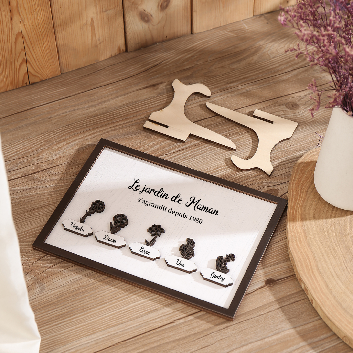 À ma Maman - Décoration en bois Fleurs 5 Prénoms Personnalisés avec Fleurs de naissance Ornement pour Famille
