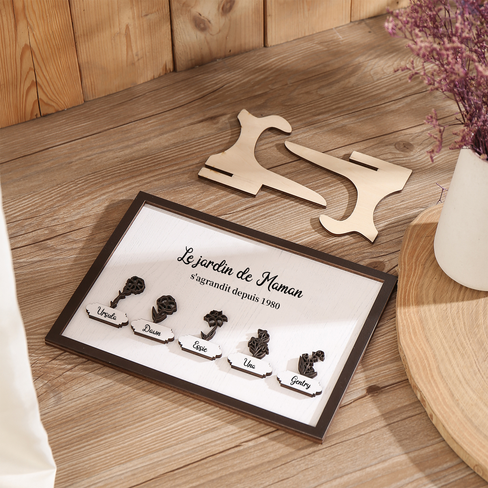 À ma Maman - Décoration en bois Fleurs 5 Prénoms Personnalisés avec Fleurs de naissance Ornement pour Famille
