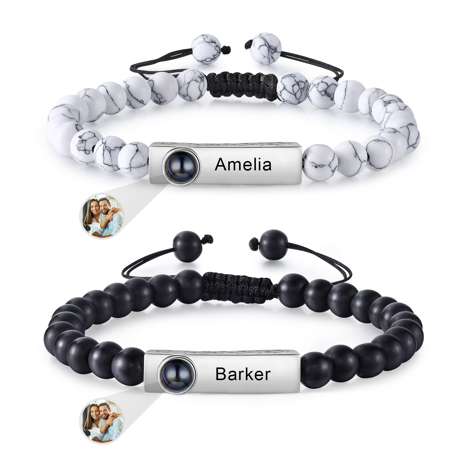 2PCS Bracelets Projection de Pierres 2 Prénoms et 1 Photo Personnalisés pour Couple
