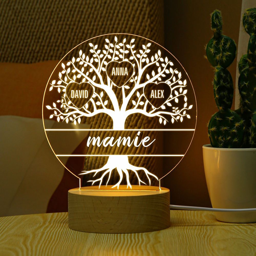 À ma Mamie/Maman - Lampe de chevet Arbre de vie LED Lumières 4 Prénoms Personnalisés pour Famille