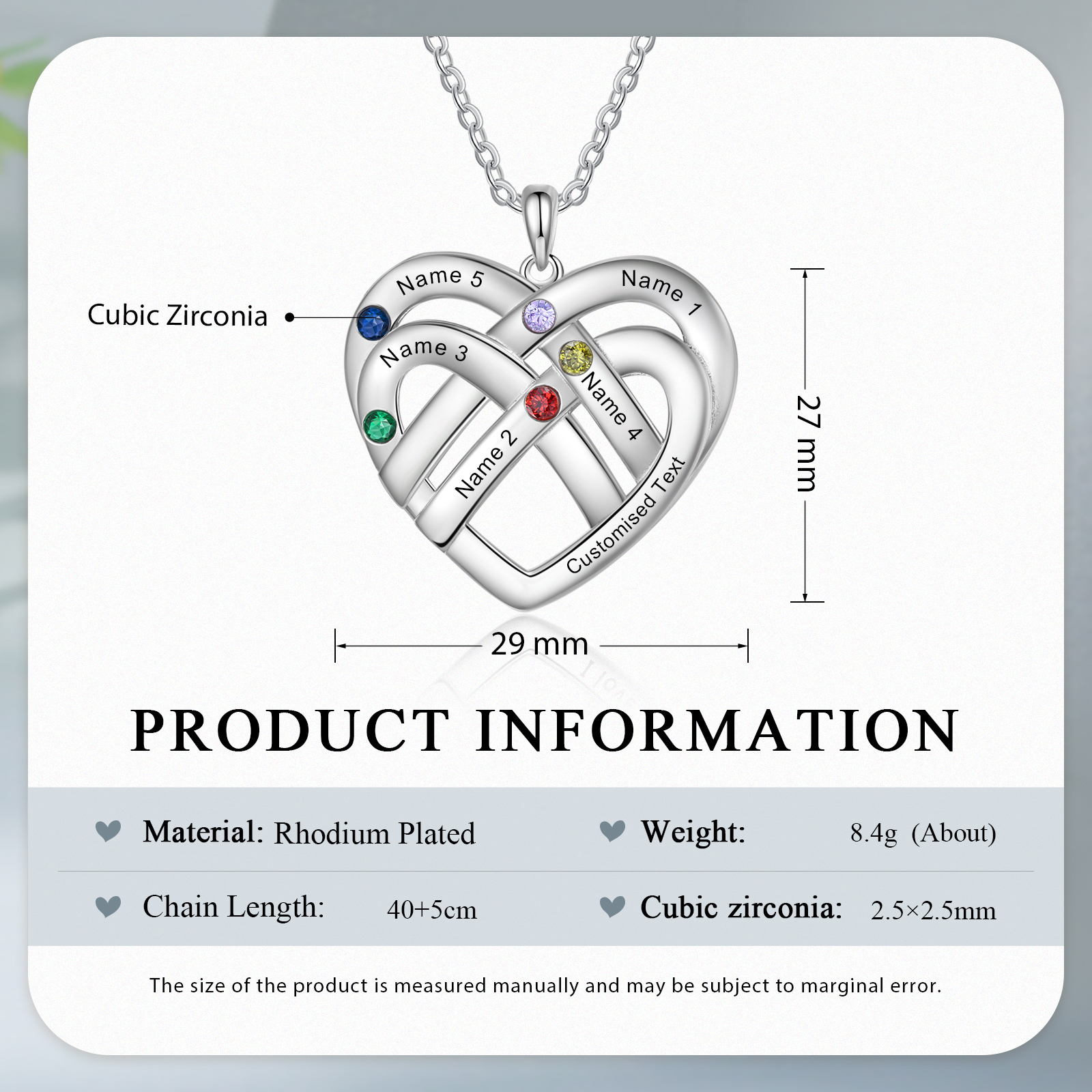 Collier Pendentif Cœur 5 Prénoms et 1 Texte Personnalisés avec 5 Pierres de Naissance Collier Femmes