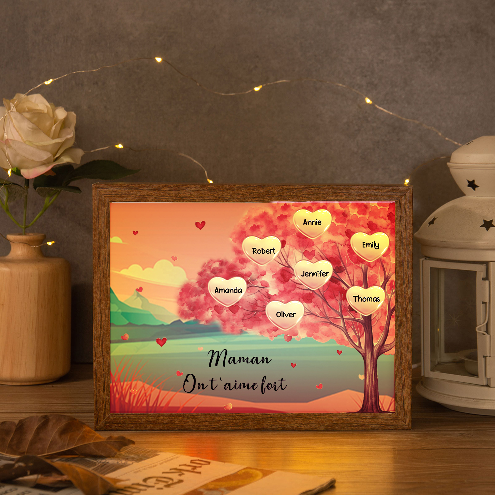 Cadre Photo LED Arbre 7 Prénoms Personnalisés avec 1 Texte Décoration Famille