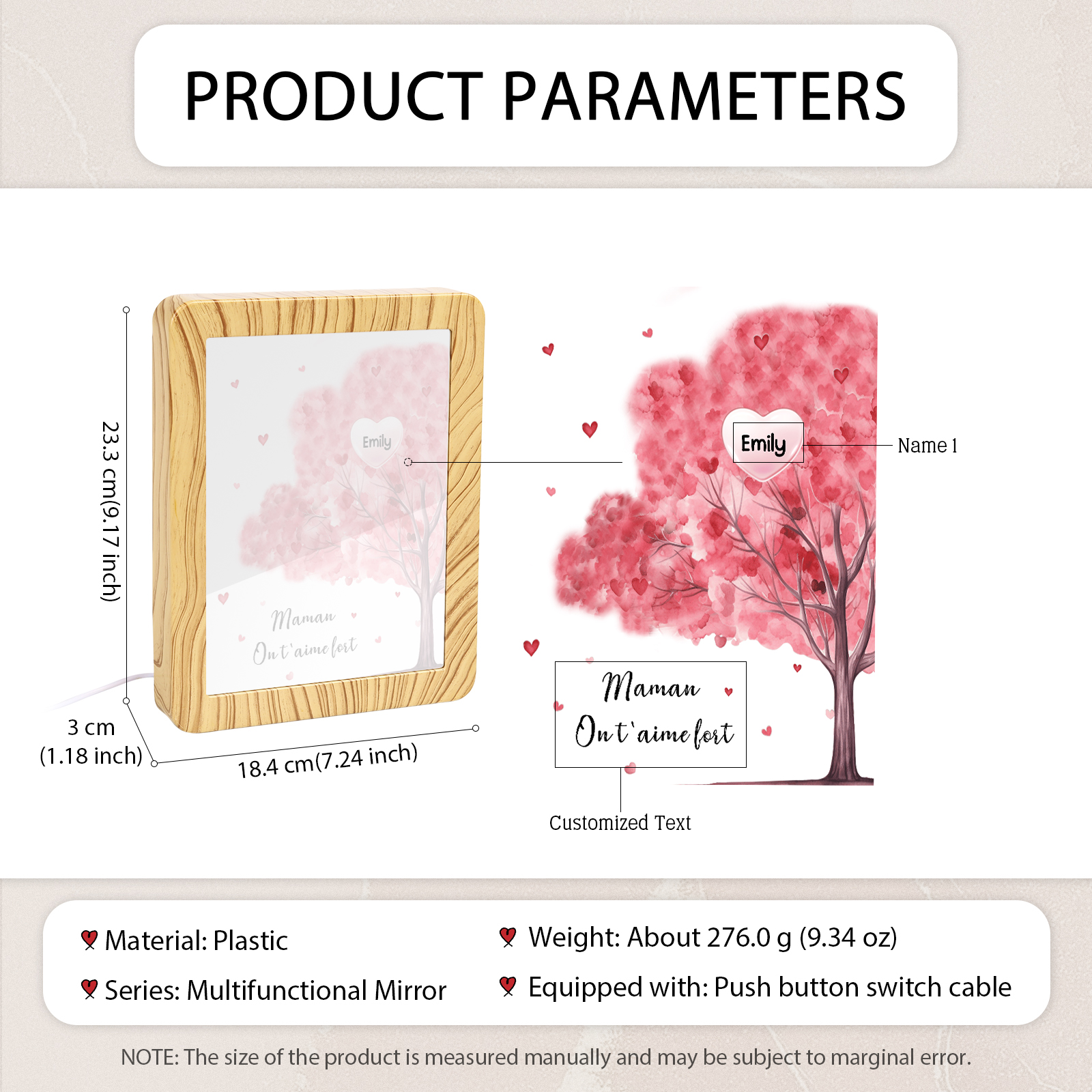 Cadre Photo/Miroir LED Multifonctionnel Arbre 1 Prénom Personnalisé avec Texte pour Famille