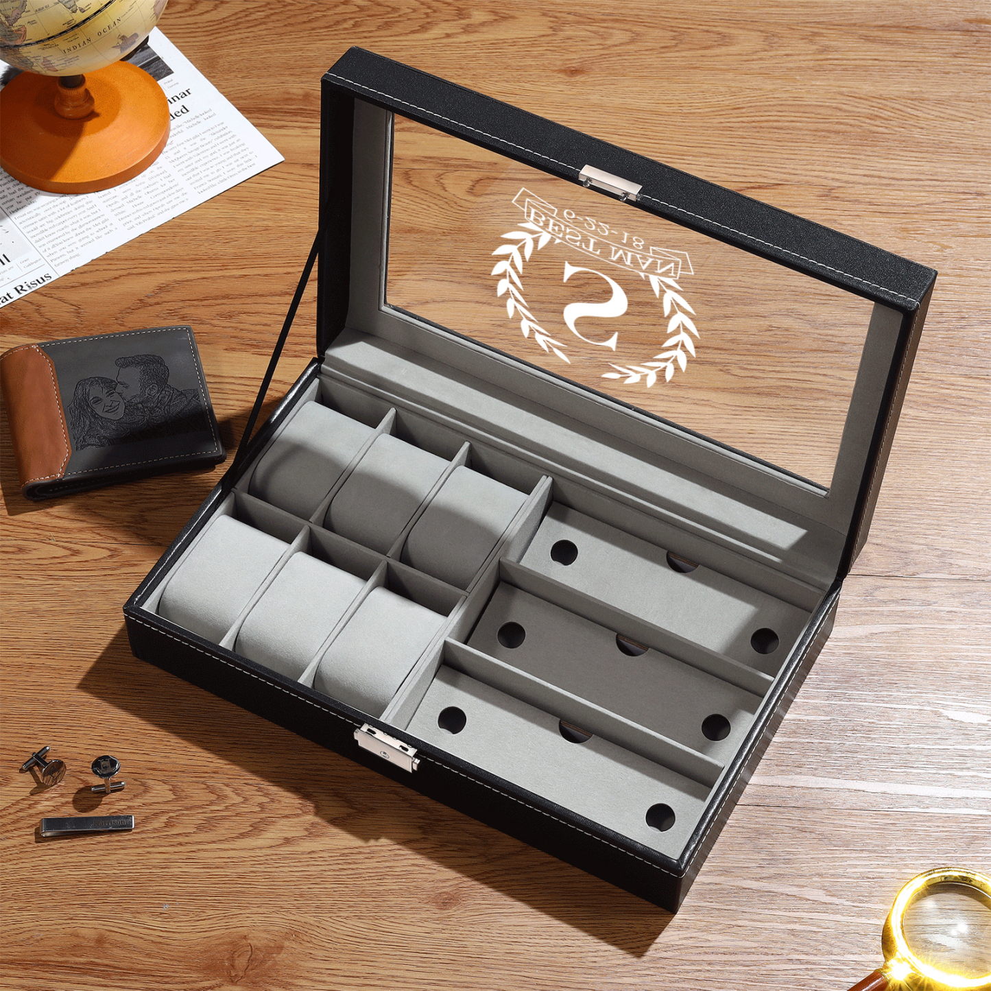 Boîte à Montre et Bijoux 1 Lettre et 2 Textes Personnalisés Coffret Cadeau pour Hommes