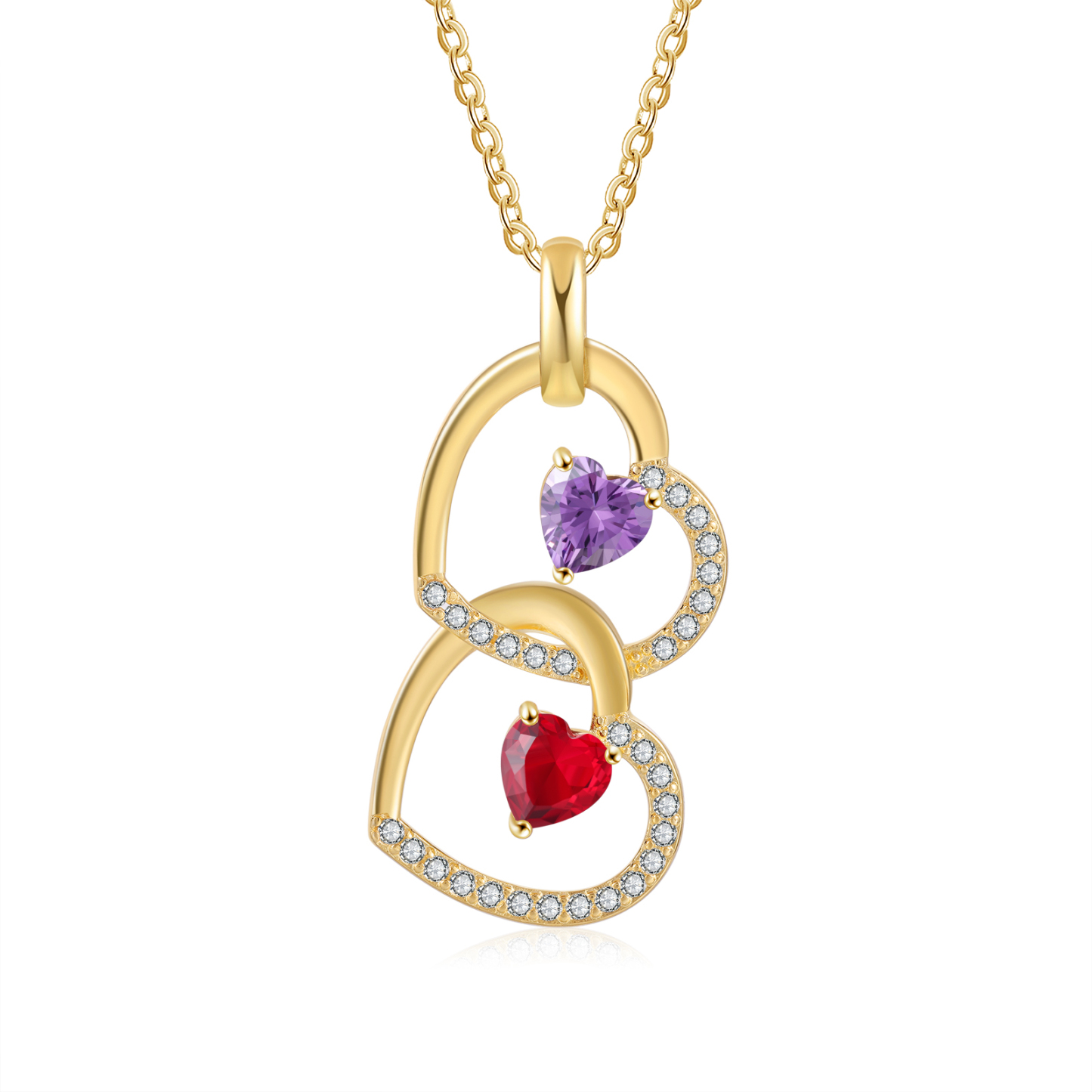 Collier Coeur Pendentif 2 Prénom Personnalisé avec Pierre de naissance｜Jessemade