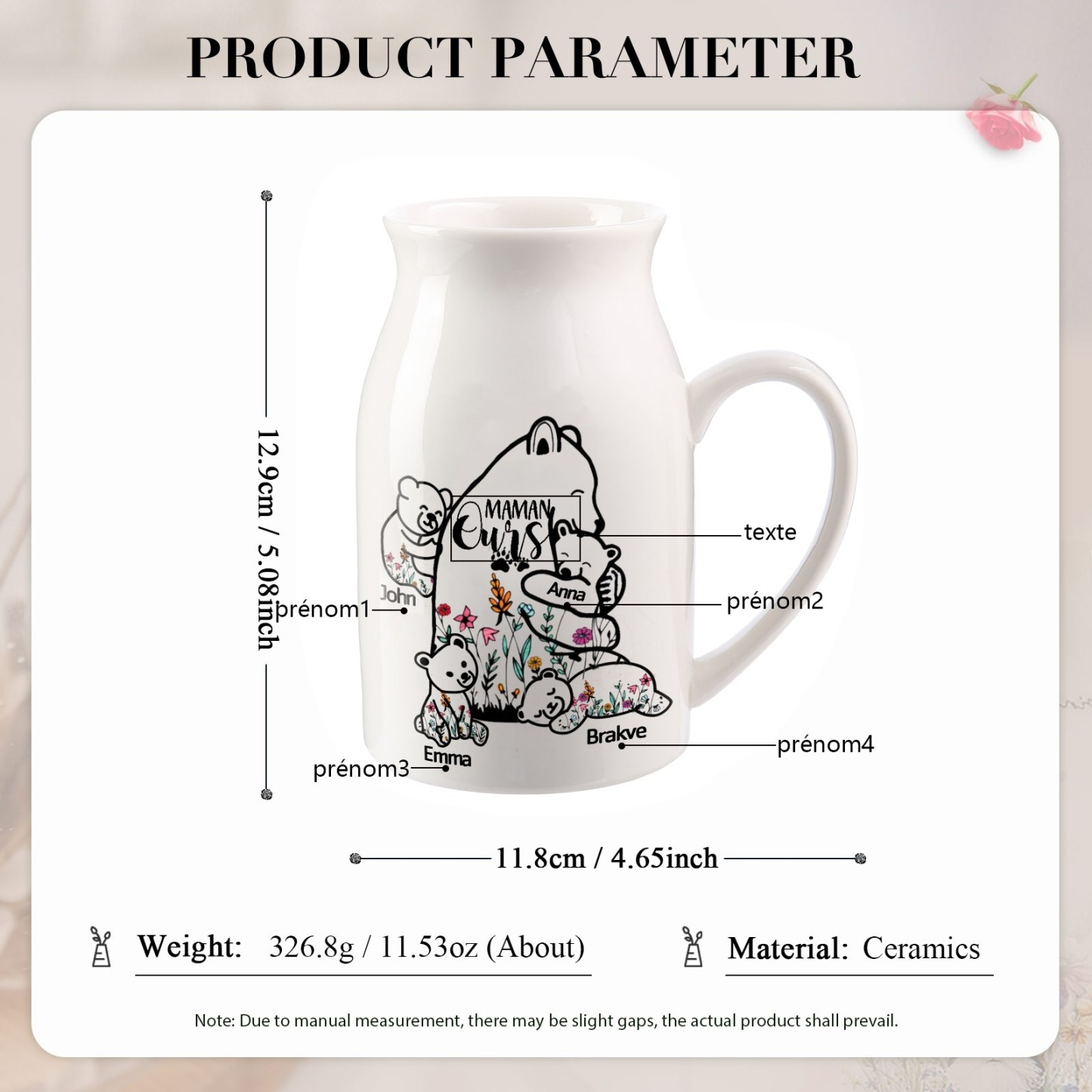 Vase à Fleurs Ours 4 Prénoms Personnalisés avec Texte Décoration de la Maison