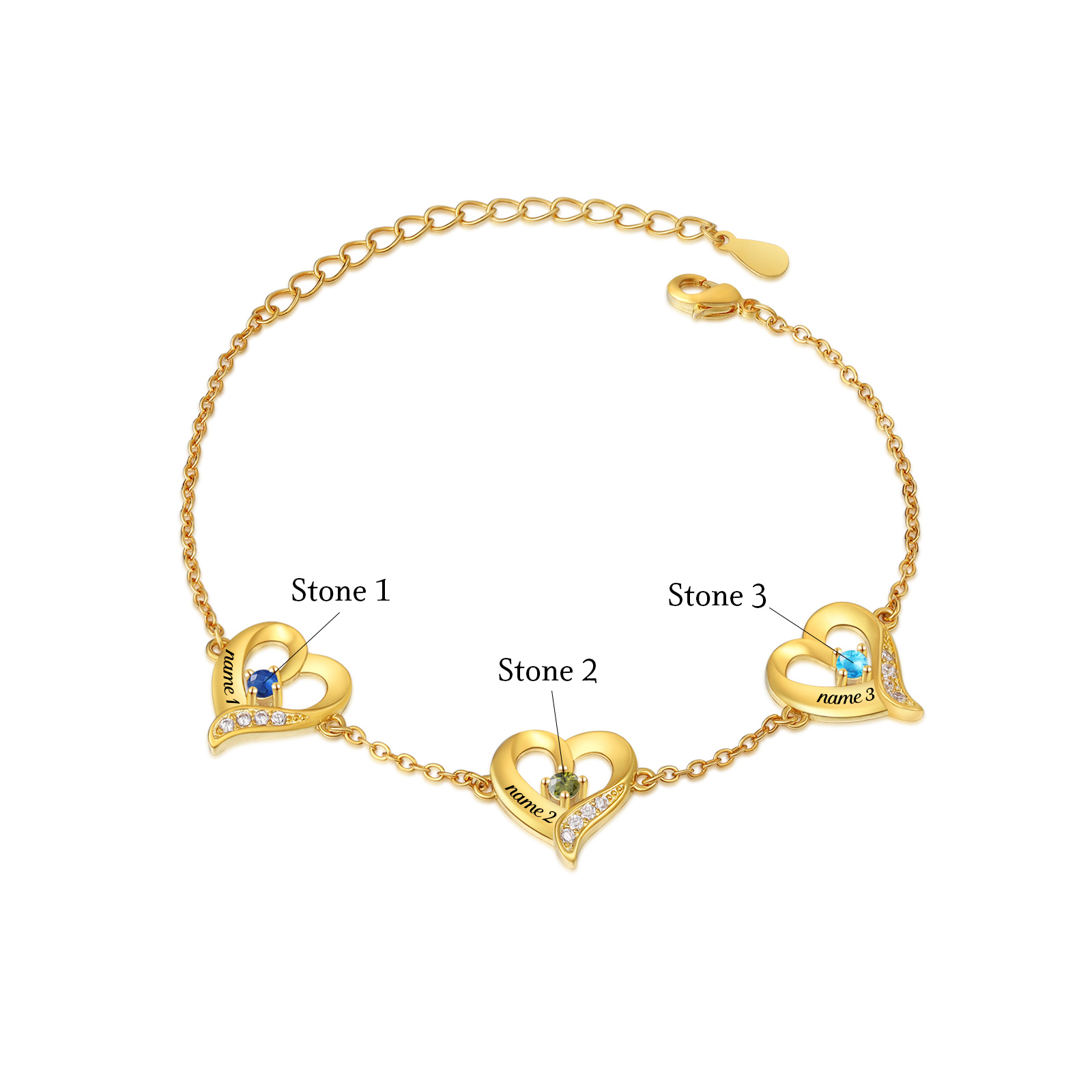 Bracelet Cœur 1-7 Préoms Personnalisés avec Pierres de Naissance pour Femme
