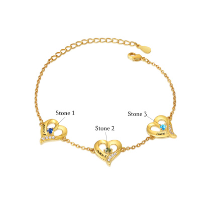 Bracelet Cœur 1-7 Préoms Personnalisés avec Pierres de Naissance pour Femme