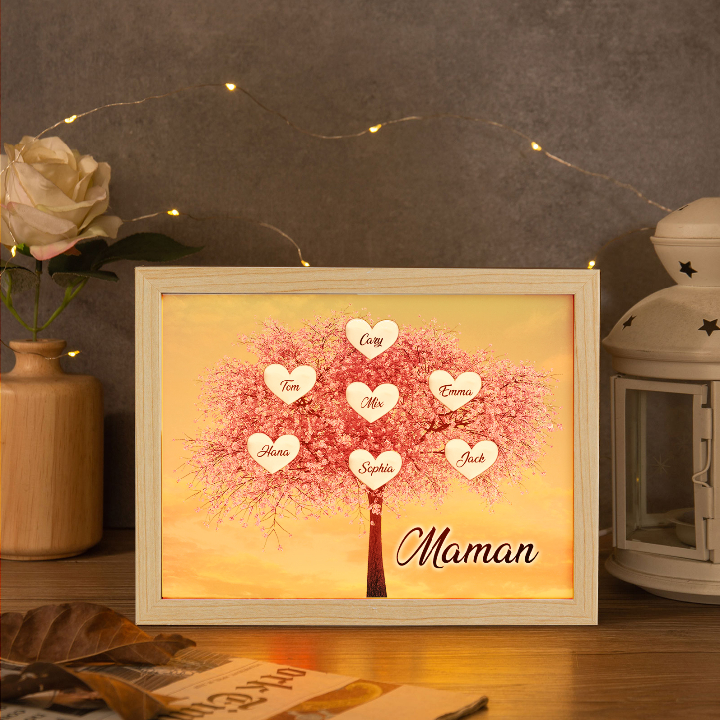 Cadre Photo LED Arbre de Vie 7 Prénoms et 1 Texte Personnalisé Décoration Famille