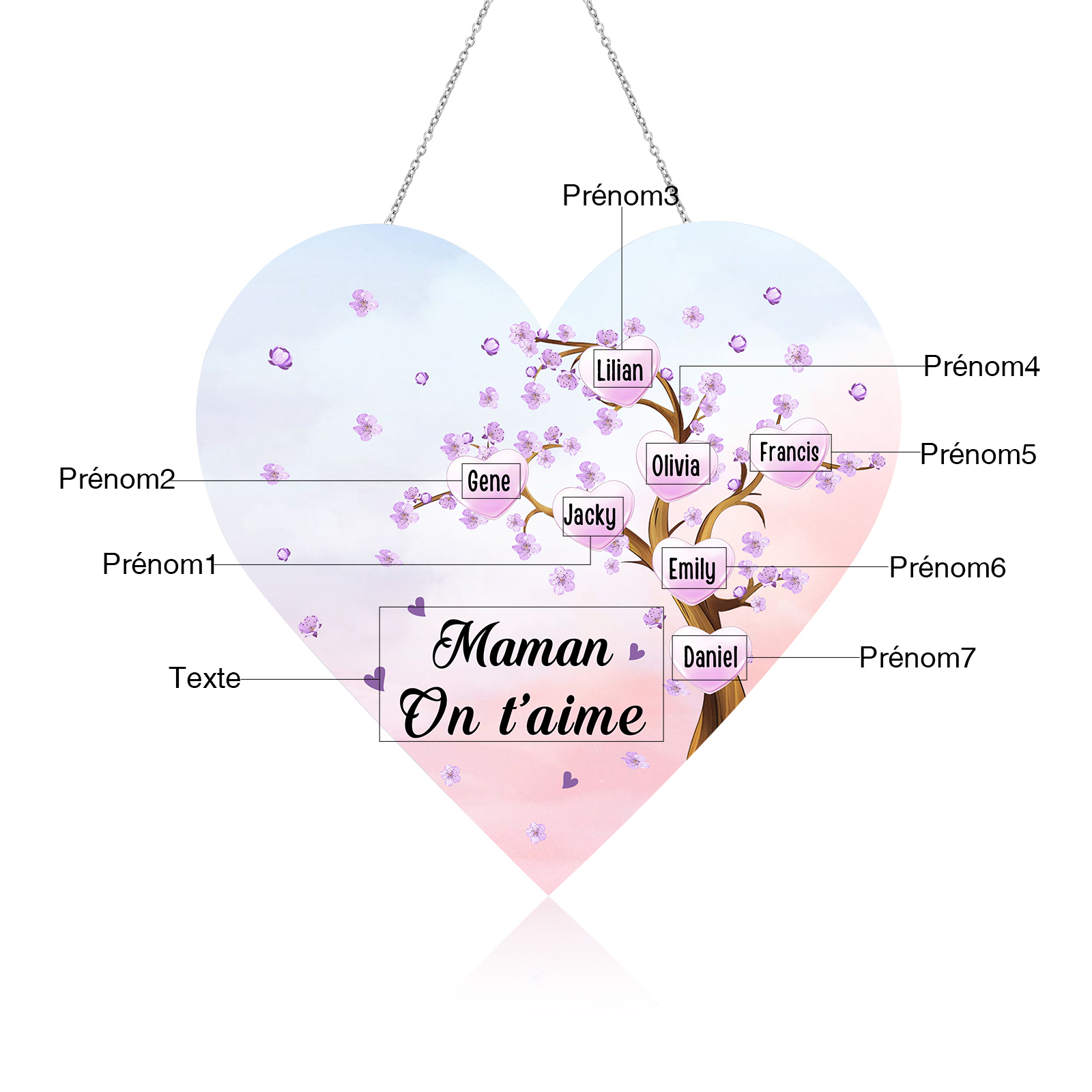 À Maman/Mamie - Veilleuse Cœur Décoration Arbre 7 Prénoms Personnalisés avec 1 Texte