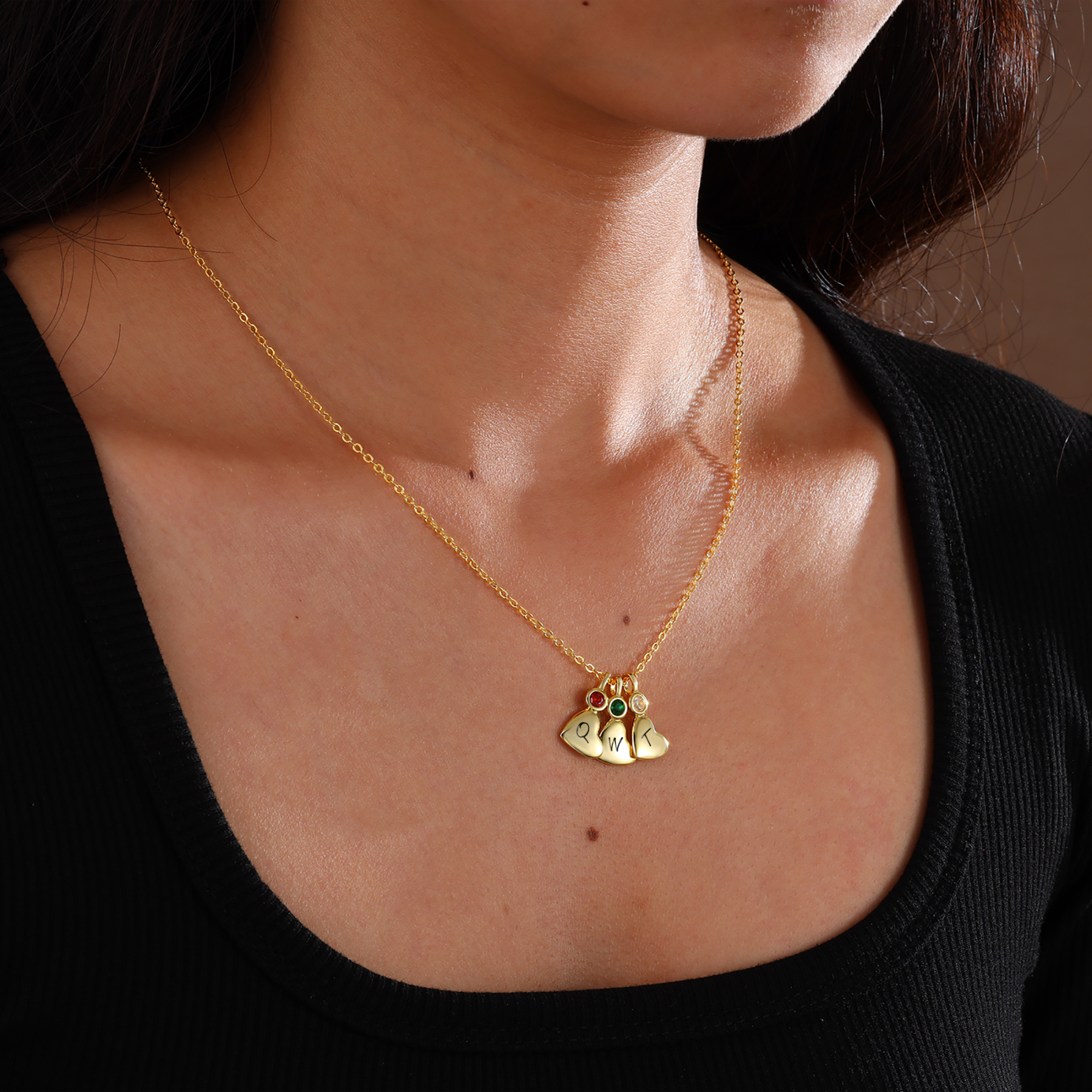 Collier Pendentif Cœur 2 Lettres Personnalisées avec Pierre de naissance pour Femmes