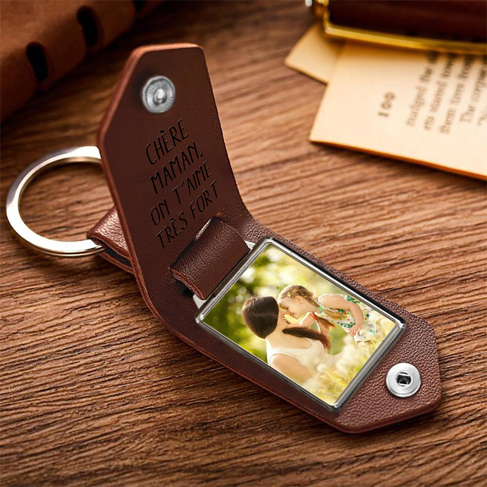 À ma Maman - Porte-Clés Cuir la Main dans la Main 5 Prénoms Personnalisés avec Photo