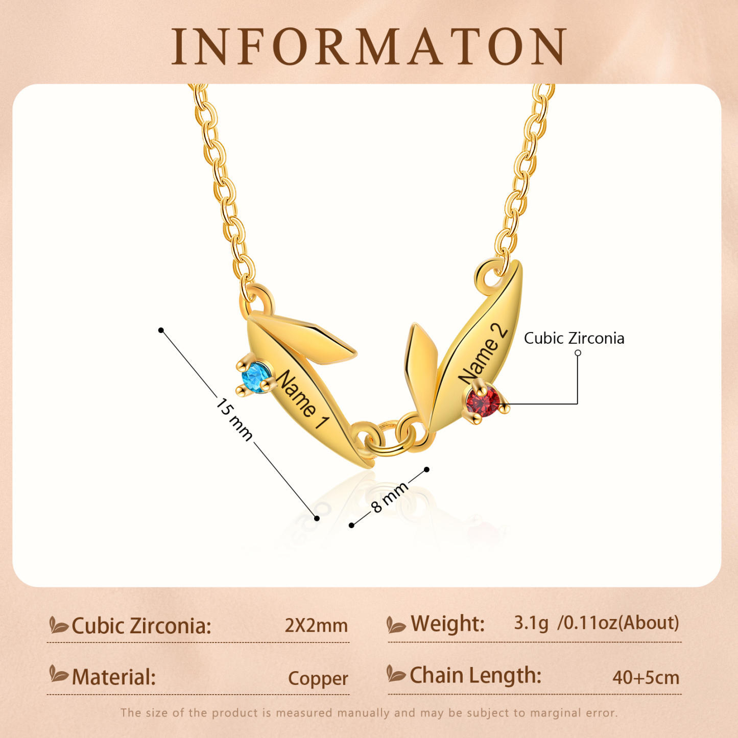 Collier Feuille 2 Prénoms Personnalisés avec Pierre de naissance Collier Femmes