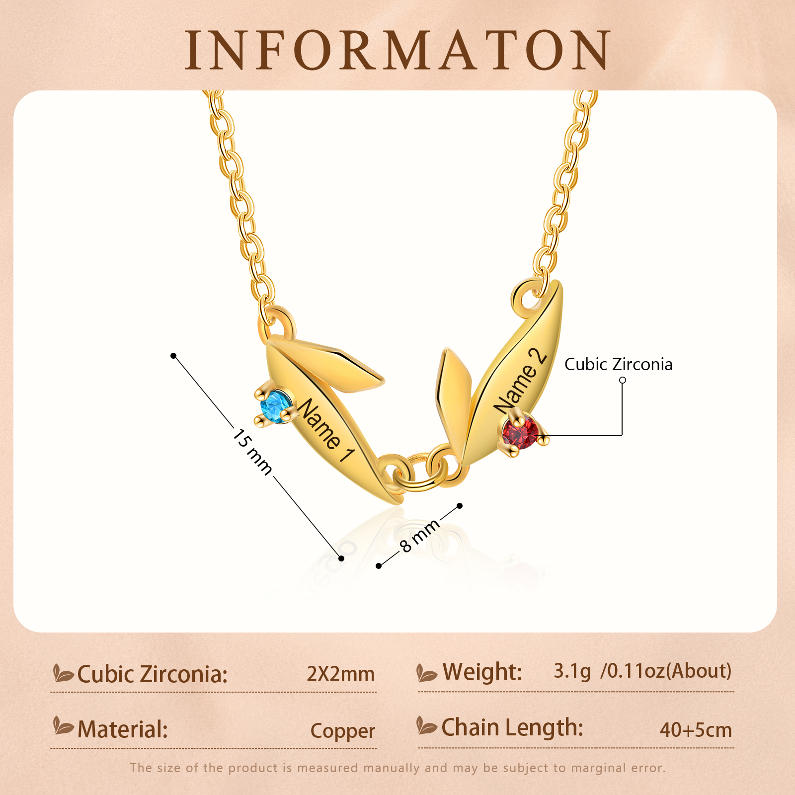 Collier Feuille 2 Prénoms Personnalisés avec Pierre de naissance Collier Femmes