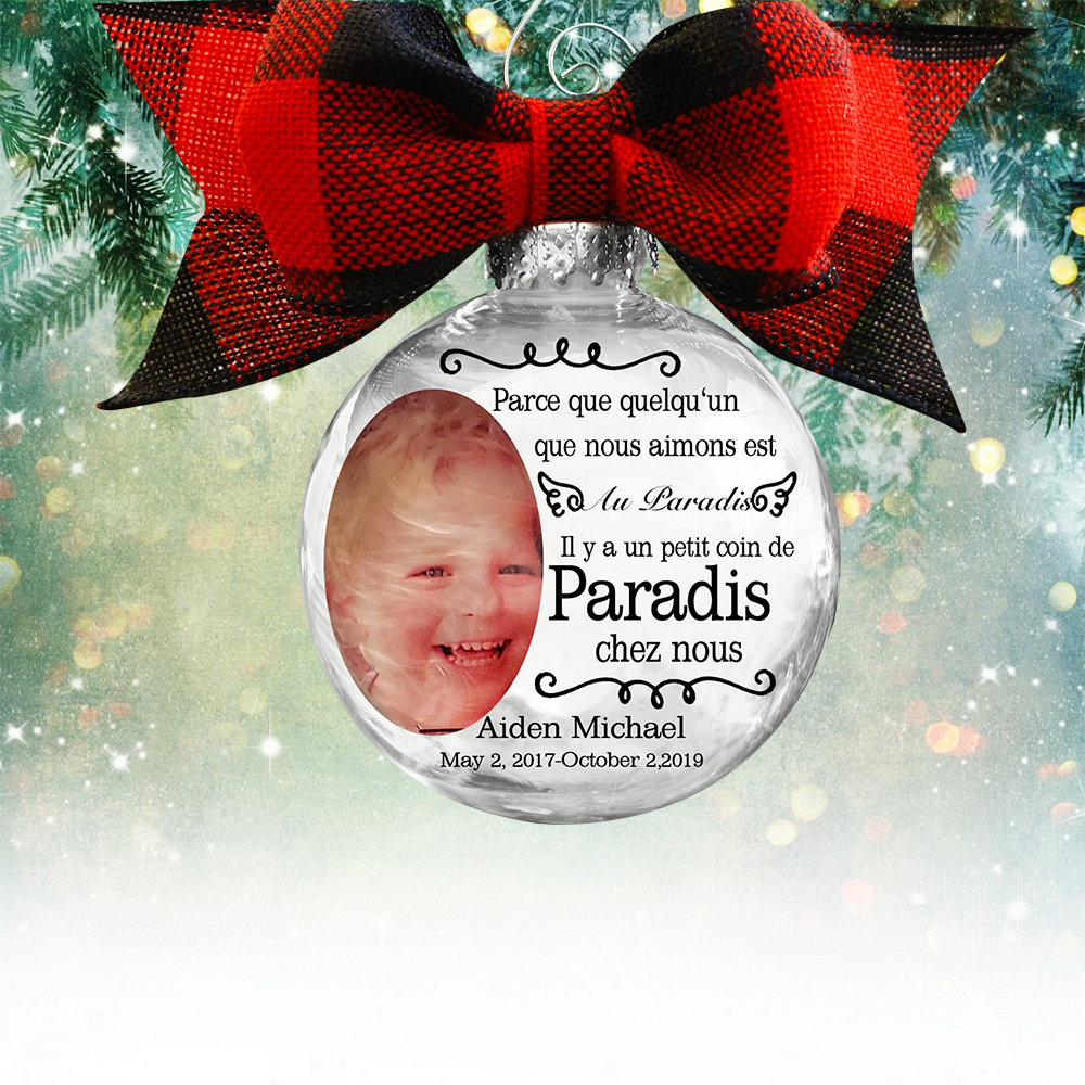 Boule transparente de plumes Ornements Prénom Personnalisé avec date et photo boule de noël | Jessemade